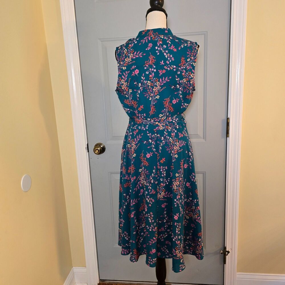 Nanette Lepore Teal Floral Sleeveless Pintuck Button Up A Line Dress Size 6 - Picture 2 of 13